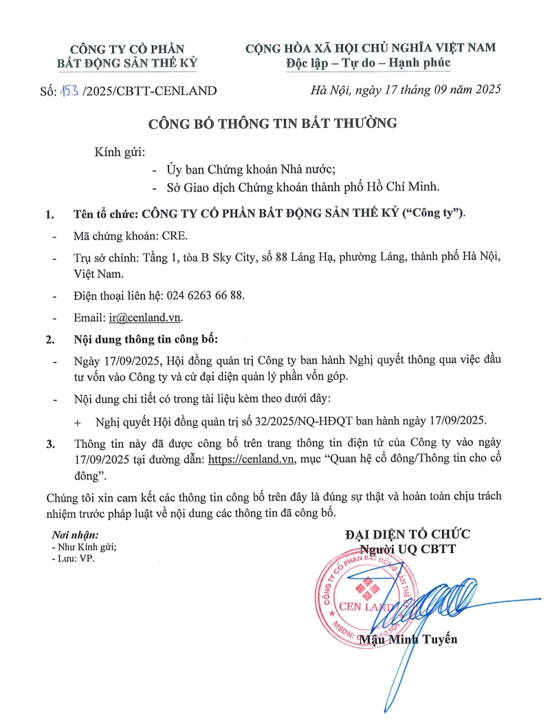Công bố thông tin - Nghị quyết Hội đồng quản trị thông qua việc đầu tư vốn vào Công ty và cử đại diện quản lý phần vốn góp